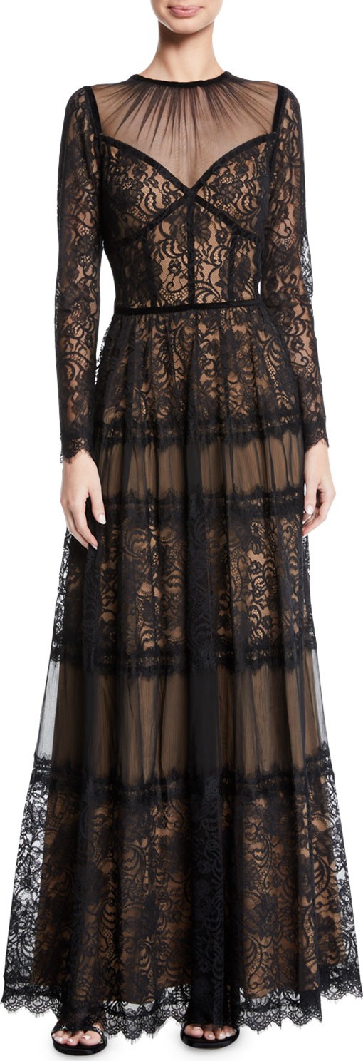 Tadashi Shoji Long-Sleeve Lace & Pleated Gown