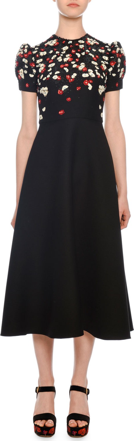 Valentino Short-Sleeve Floral-Embroidered Mid-Calf Crepe Couture Dress
