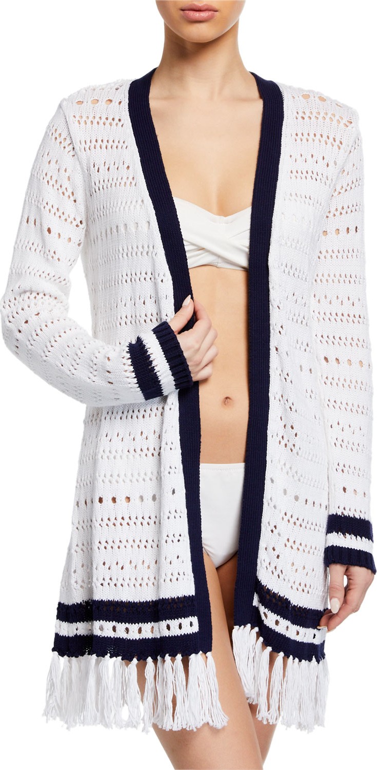 Tommy Bahama Open-Knit Long-Sleeve Cardigan Sweater with Tassel Hem