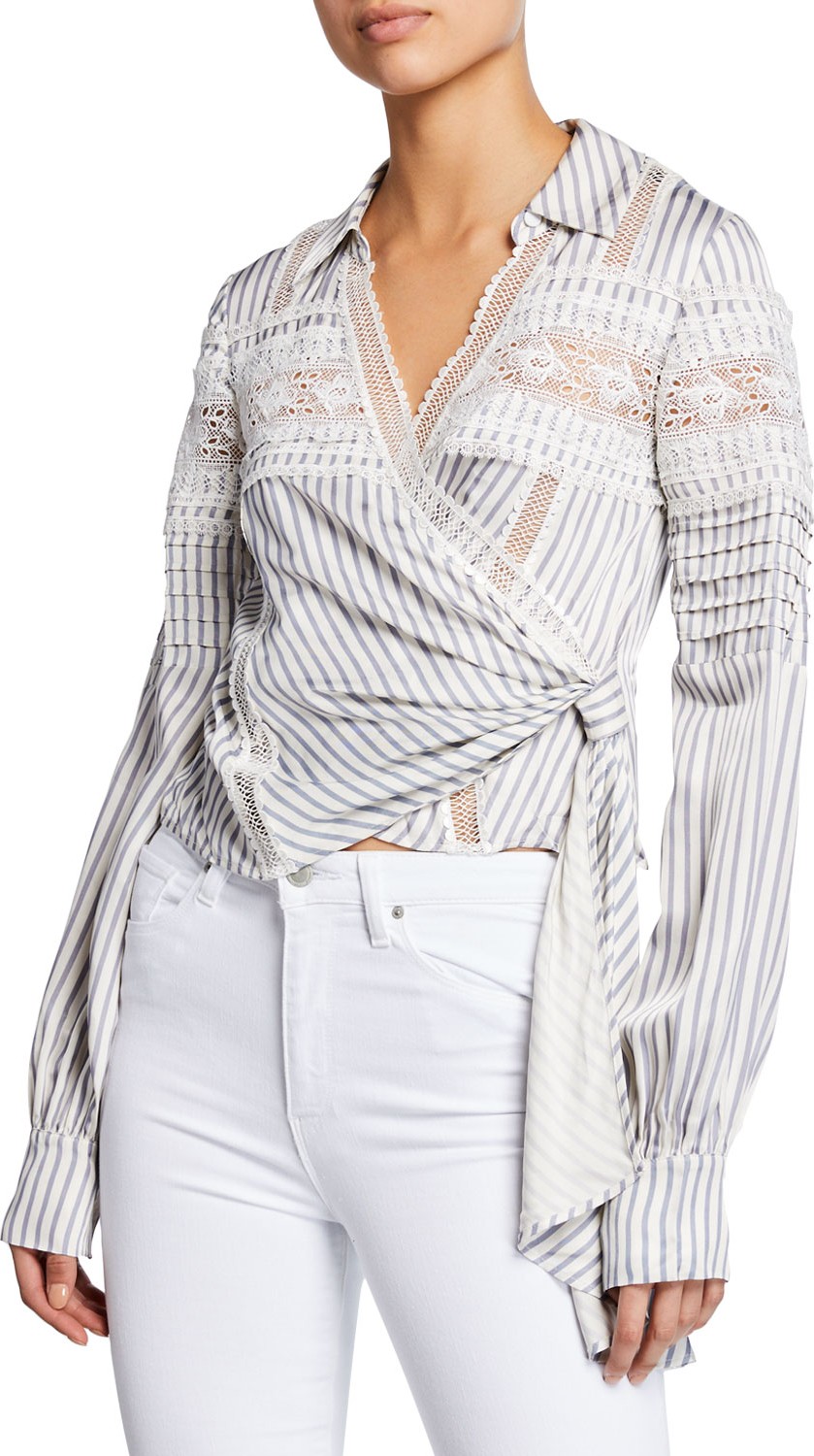 Self Portrait Striped Long-Sleeve Wrap Top w/ Lace