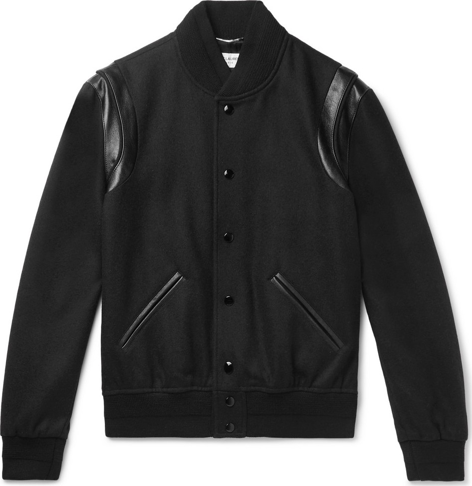 Saint Laurent Teddy Leather-Trimmed Wool Bomber Jacket