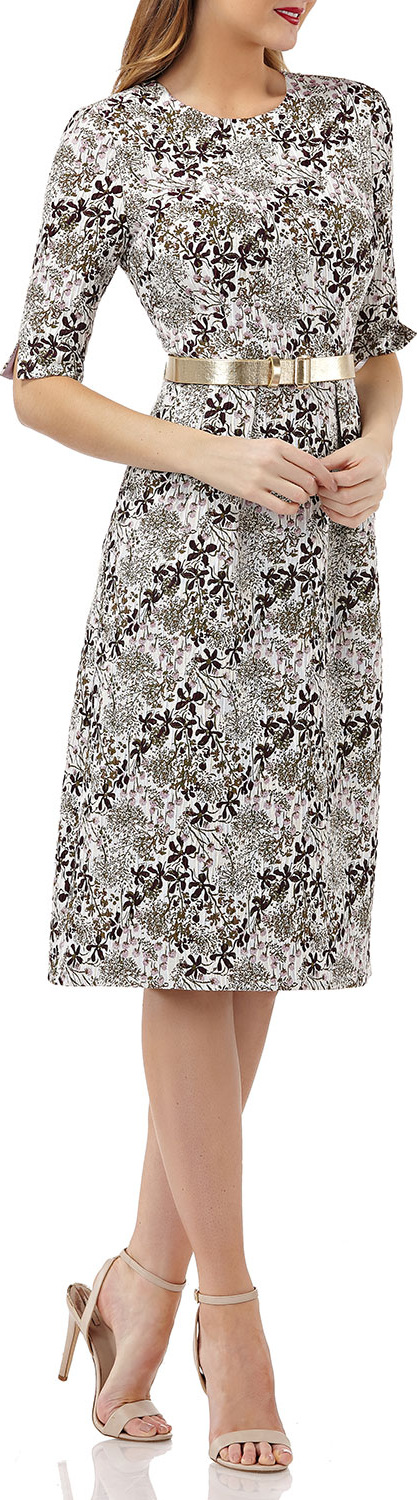Kay Unger Stretch Jacquard Belted Dress w/ Pockets