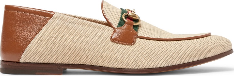 Gucci Brixton Webbing-Trimmed Horsebit Collapsible-Heel Canvas and Leather Loafers