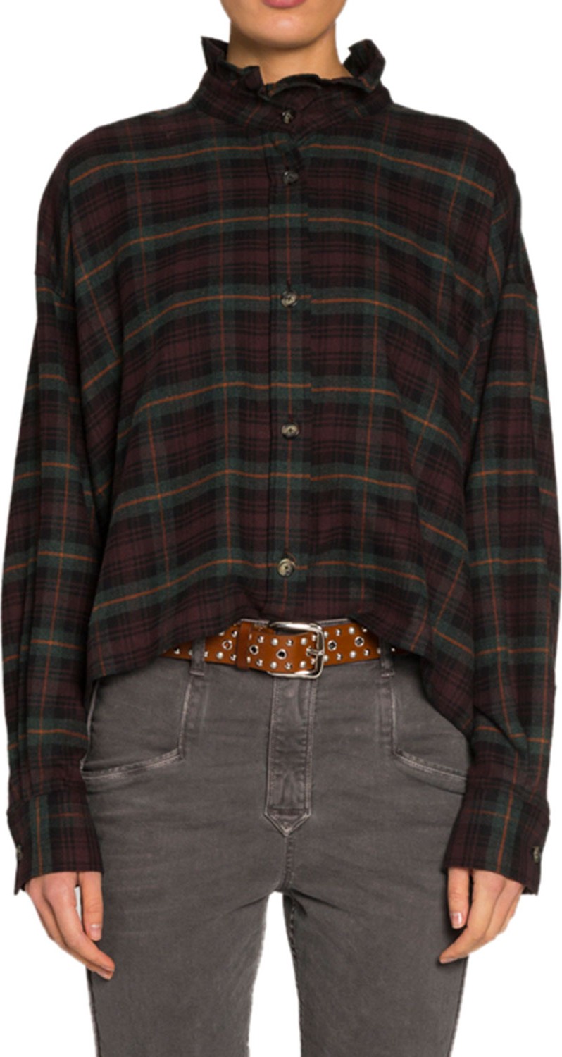 Isabel Marant Etoile Ilaria High-Neck Plaid Button-Front Top