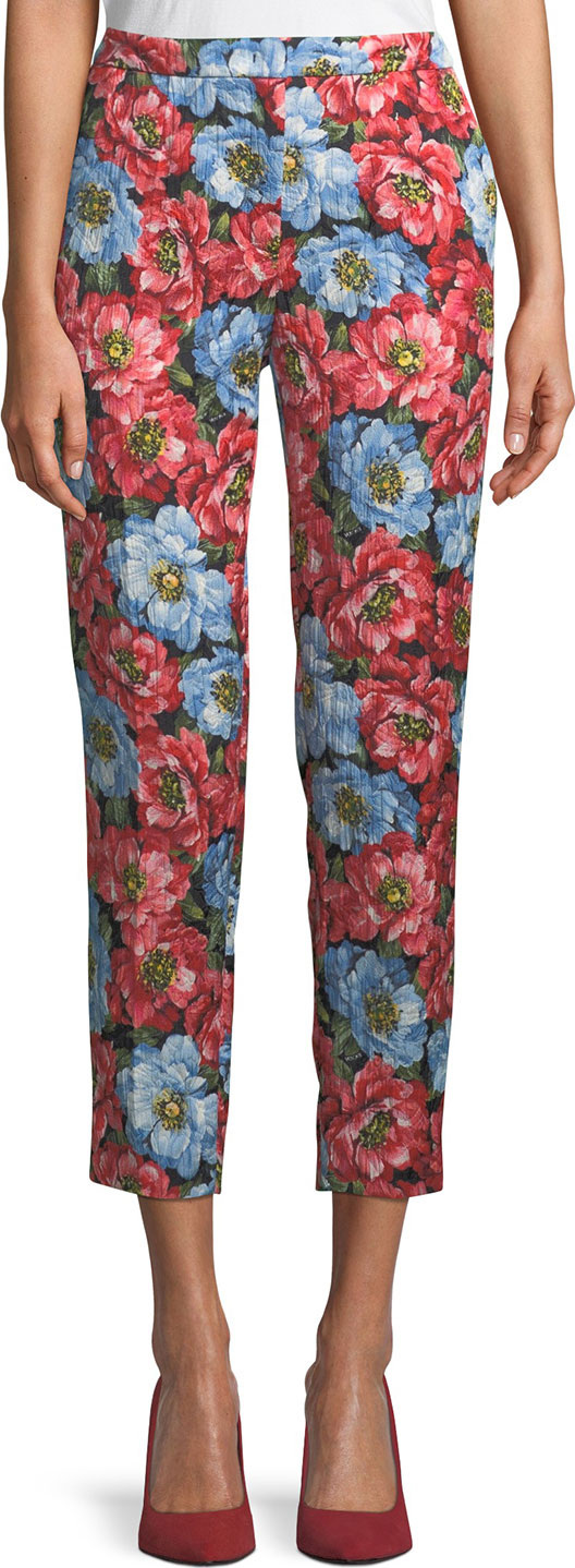 Escada Talaranto Straight-Leg Front-Zip Floral-Jacquard Ankle Pants