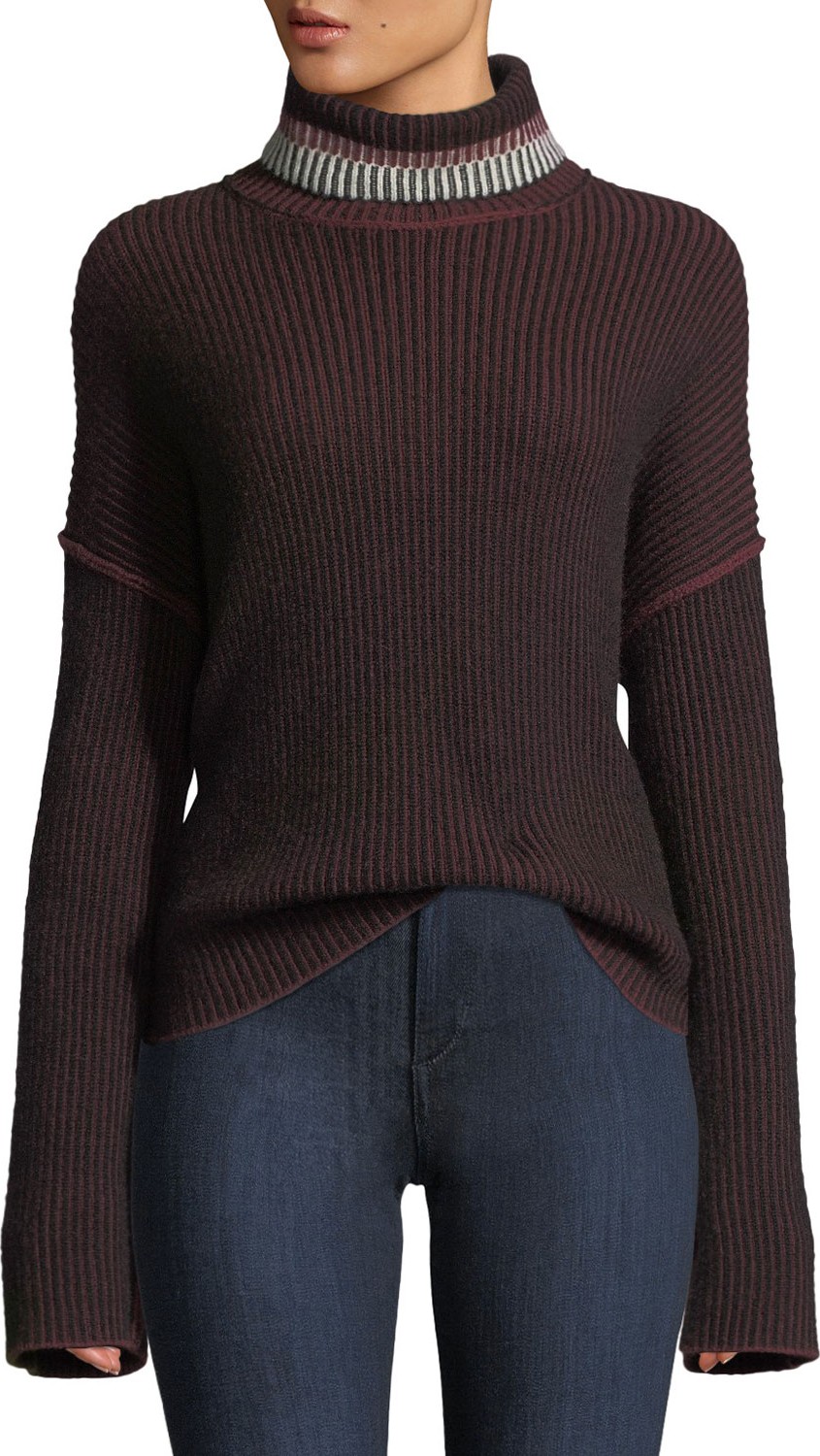 Theory Turtleneck Oversized Mix-Stripe Cashmere Sweater