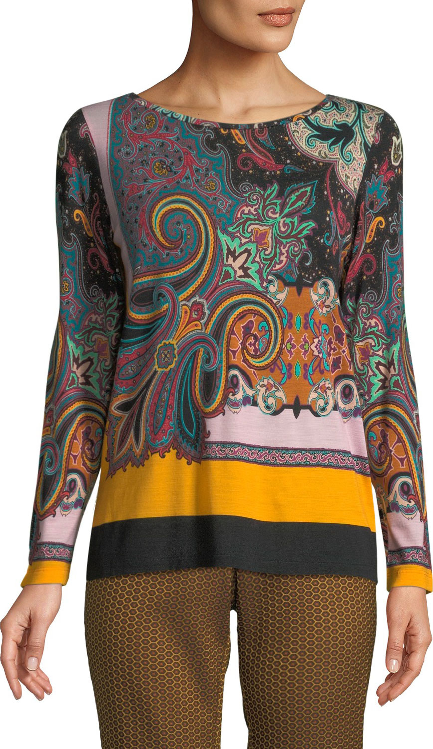 Etro Crewneck Long-Sleeve Paisley-Print Jersey Wool Sweater Top