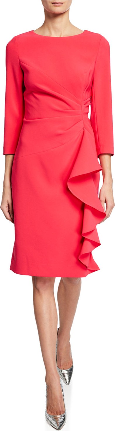 Rickie Freeman for Teri Jon 3/4-Sleeve Draped Cascade Ruffle Sheath Crepe Cocktail Dress