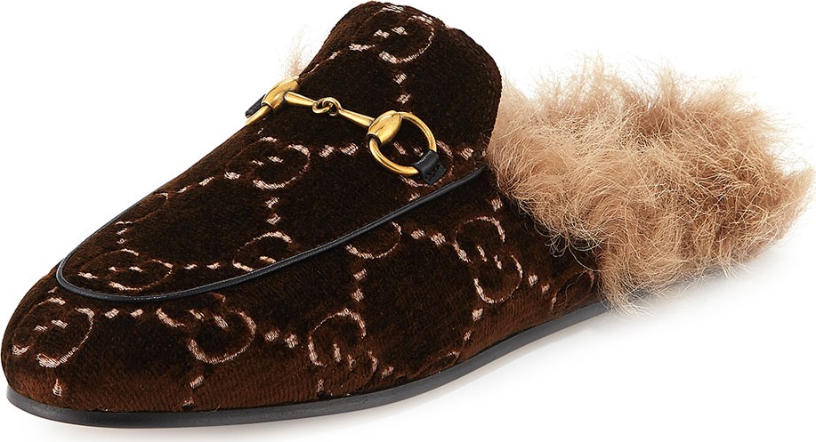 Gucci Flat Princetown Velvet GG Mule With Fur