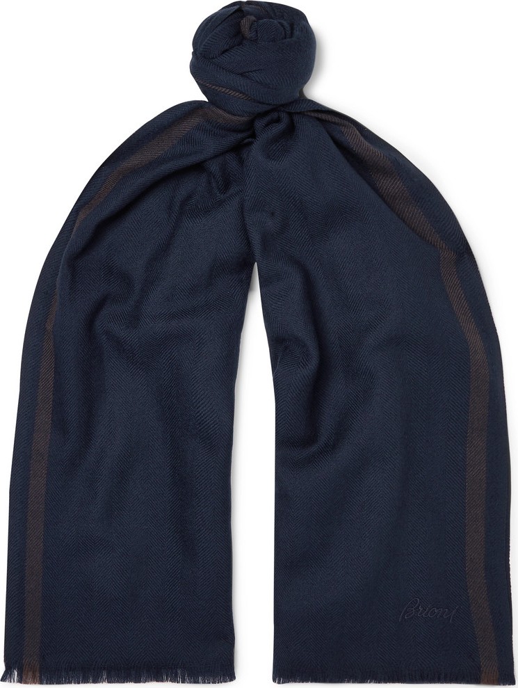 Brioni Logo-Embroidered Striped Herringbone Wool Scarf