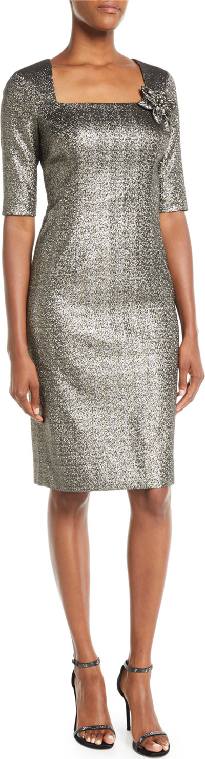 Rickie Freeman for Teri Jon Metallic Jacquard Sheath Dress w/ Flower Detail