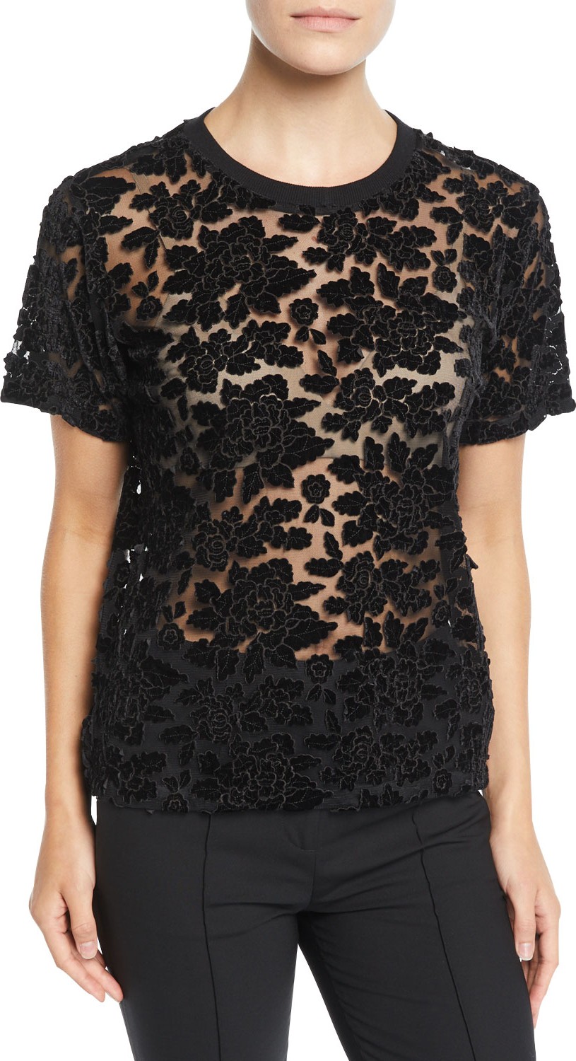 7 For All Mankind Easy Velvet Lace Crewneck Top