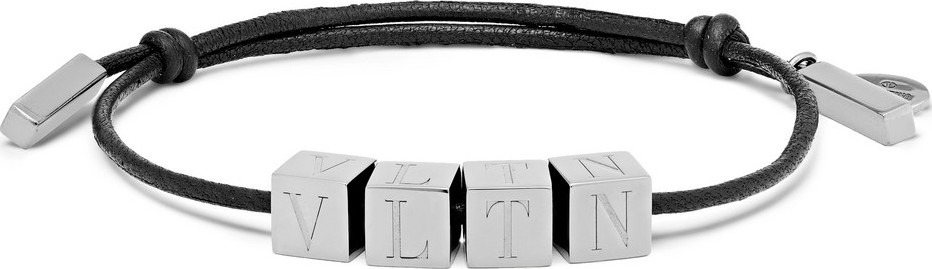 Valentino Valentino Garavani Logo-Engraved Ruthenium and Leather Bracelet