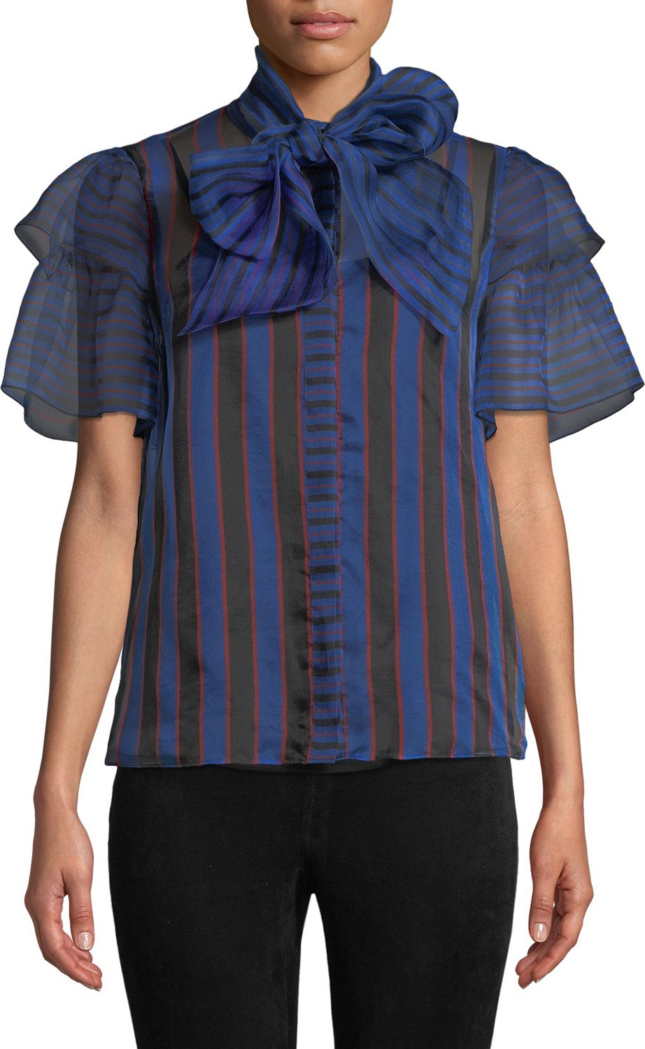 Alice + Olivia Talulah Tie-Neck Ruffle-Sleeve Blouse