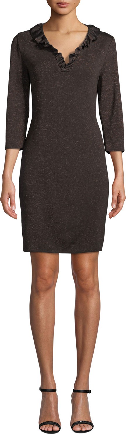 Misook 3/4-Sleeve Ruffle-Trim Knit Dress
