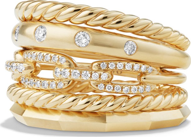 David Yurman Stax 18k Gold Wide Ring with Diamonds, Size 8