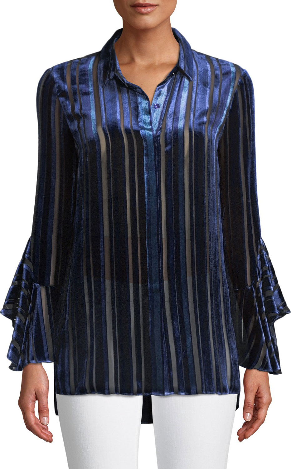 Elie Tahari Button-Front Draped-Sleeve Striped Velvet Burnout Blouse Elie Tahari Button-Front Draped-Sleeve Striped Velvet Burnout Blouse