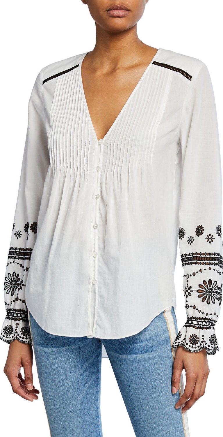 Veronica Beard Siona Embroidered Button-Front Top