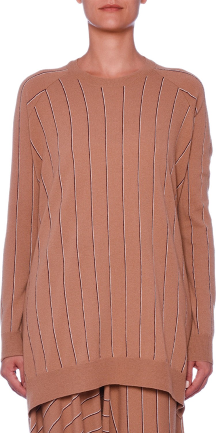 Stella McCartney Pinstripe Crewneck Raglan Wool Sweater w/ Asymmetric Hem