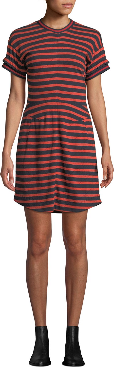 Derek Lam 10 Crosby Striped Crewneck Ruffle Tee Dress