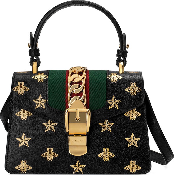 Gucci Sylvie Small Bee-Print Leather Top-Handle Satchel Bag