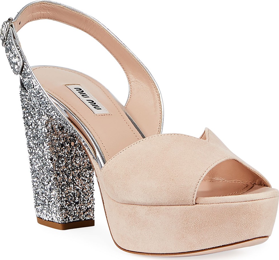 Miu Miu Suede Glitter Platform Slingback Sandals