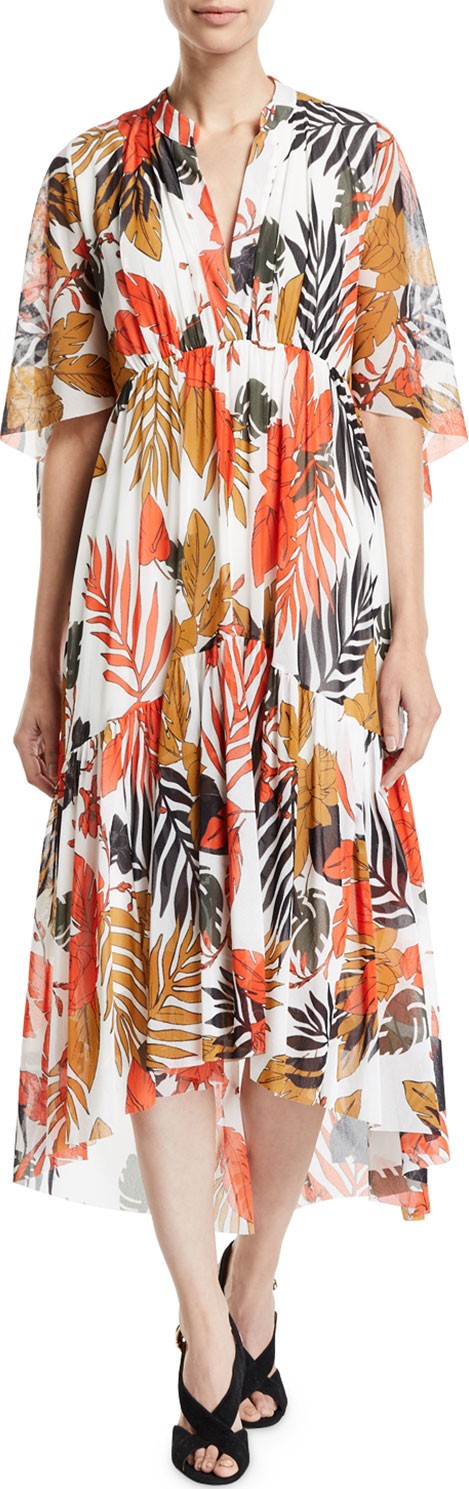 Fuzzi Half-Sleeve V-Neck Leaf-Print Tulle Dress