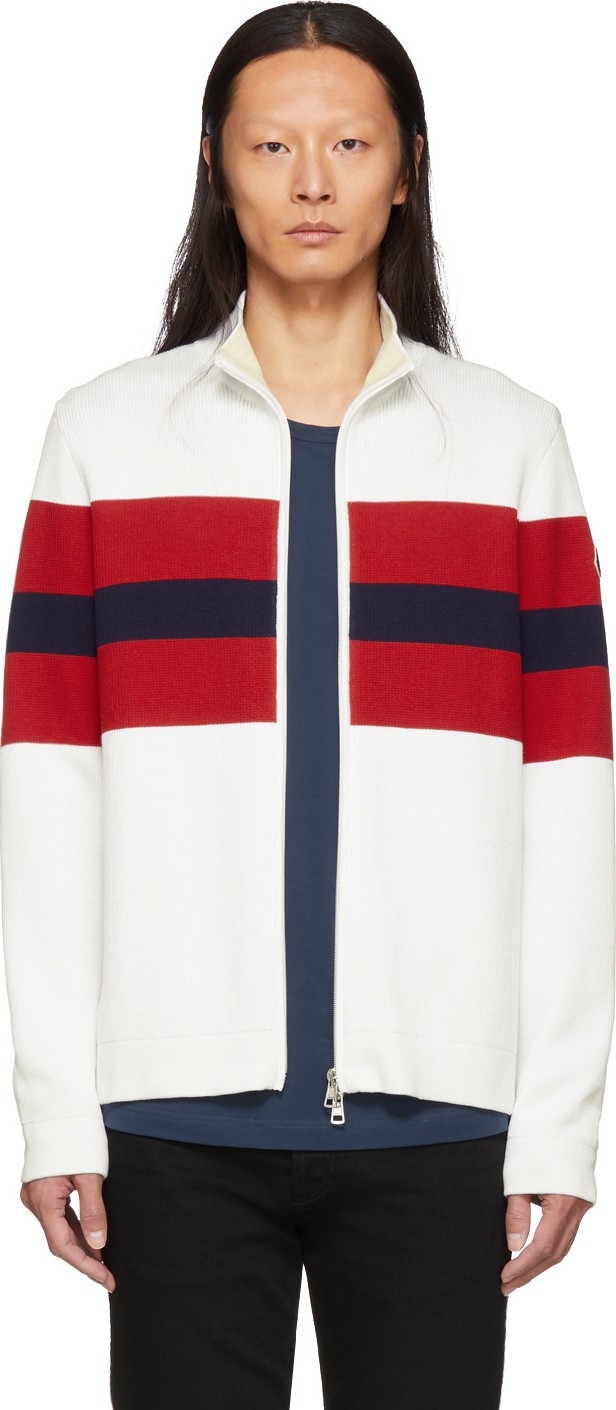Moncler White & Red Zip-Up Cardigan