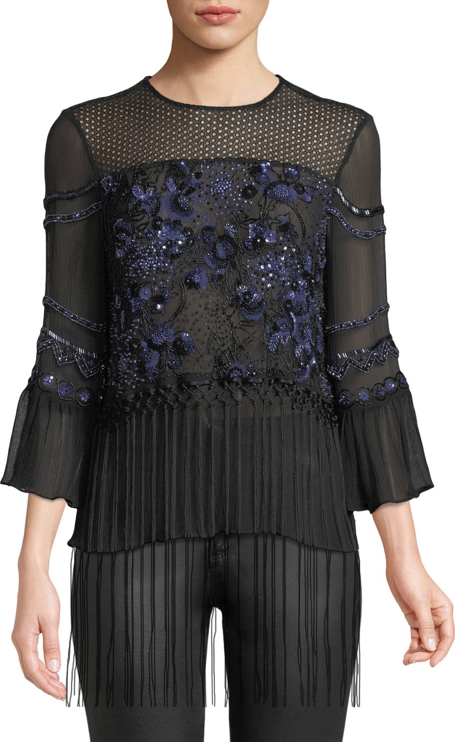 Elie Tahari Aslin Long-Sleeve Embellished Silk Blouse w/ Fringe Hem