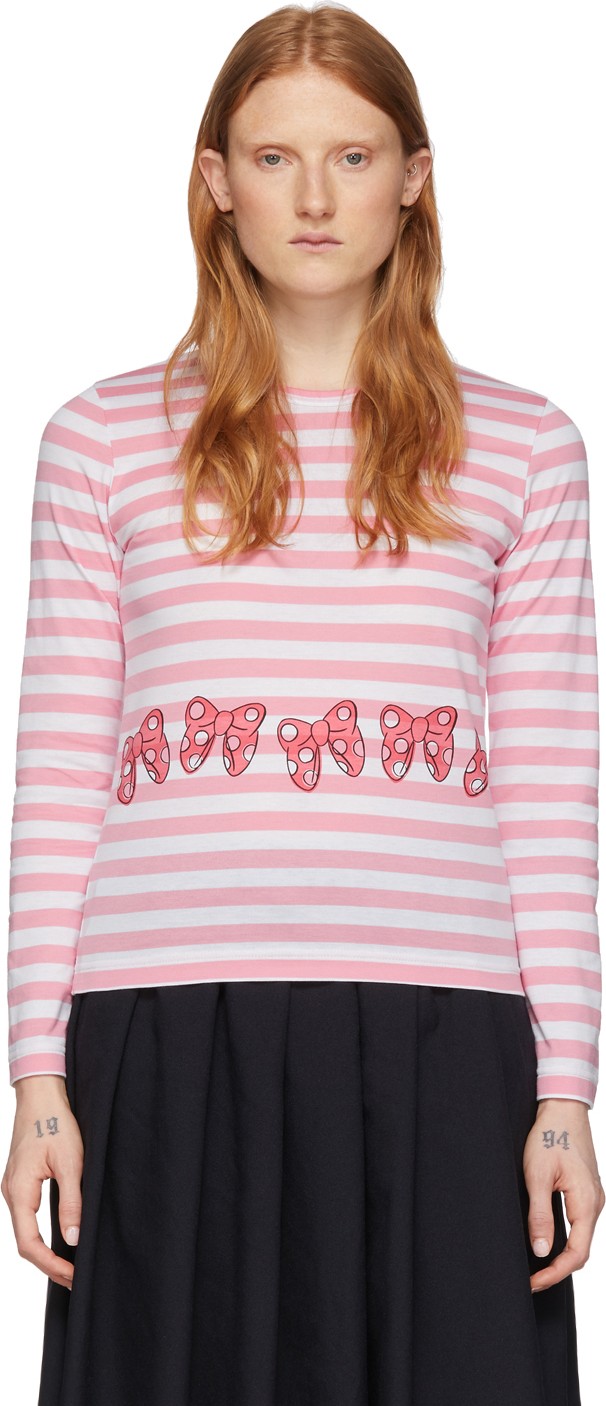 Comme Des Garçons Girl Pink & White Disney Edition Stripe Ribbons T-Shirt