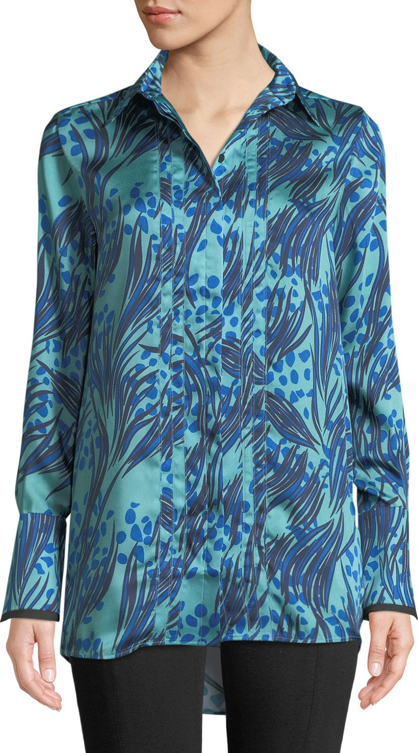 VICTORIA, VICTORIA BECKHAM Palm & Dots Print Button-Front Long-Sleeve Shirt VICTORIA, VICTORIA BECKHAM Palm & Dots Print Button-Front Long-Sleeve Shirt