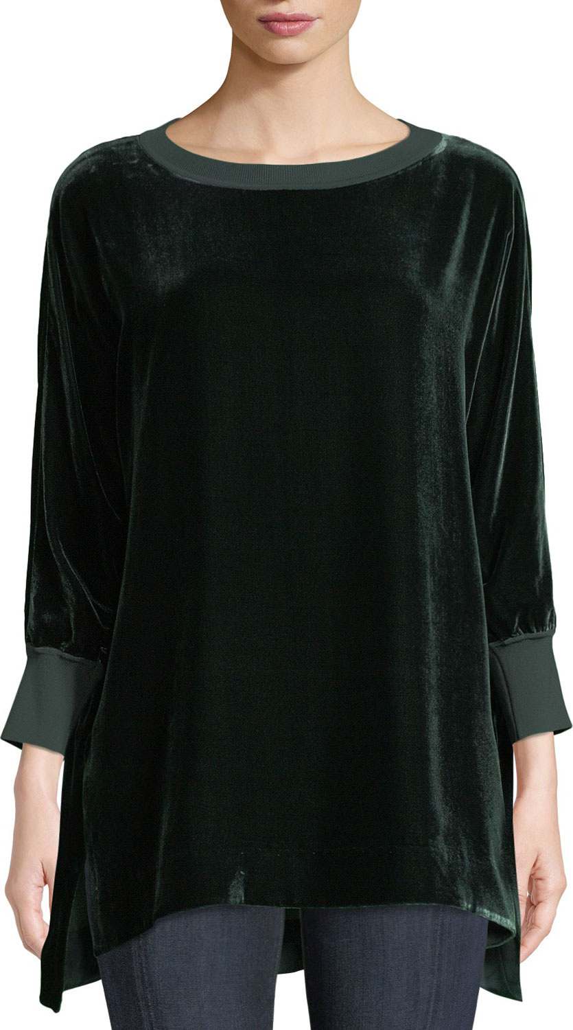 Lafayette 148 New York Joplin Round-Neck Long-Sleeve Velvet Blouse w/ Knit Trim