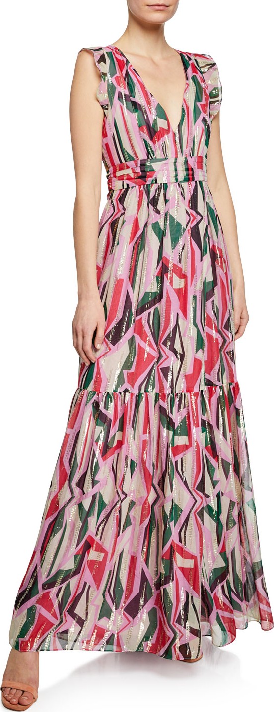 ba&sh Betty Geo-Print Belted Metallic Long Dress