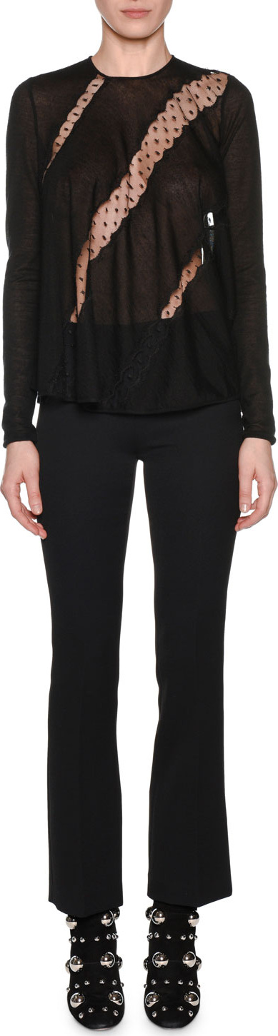 Giambattista Valli Long-Sleeve Round-Neck Lace-Insets Cashmere-Silk Sweater