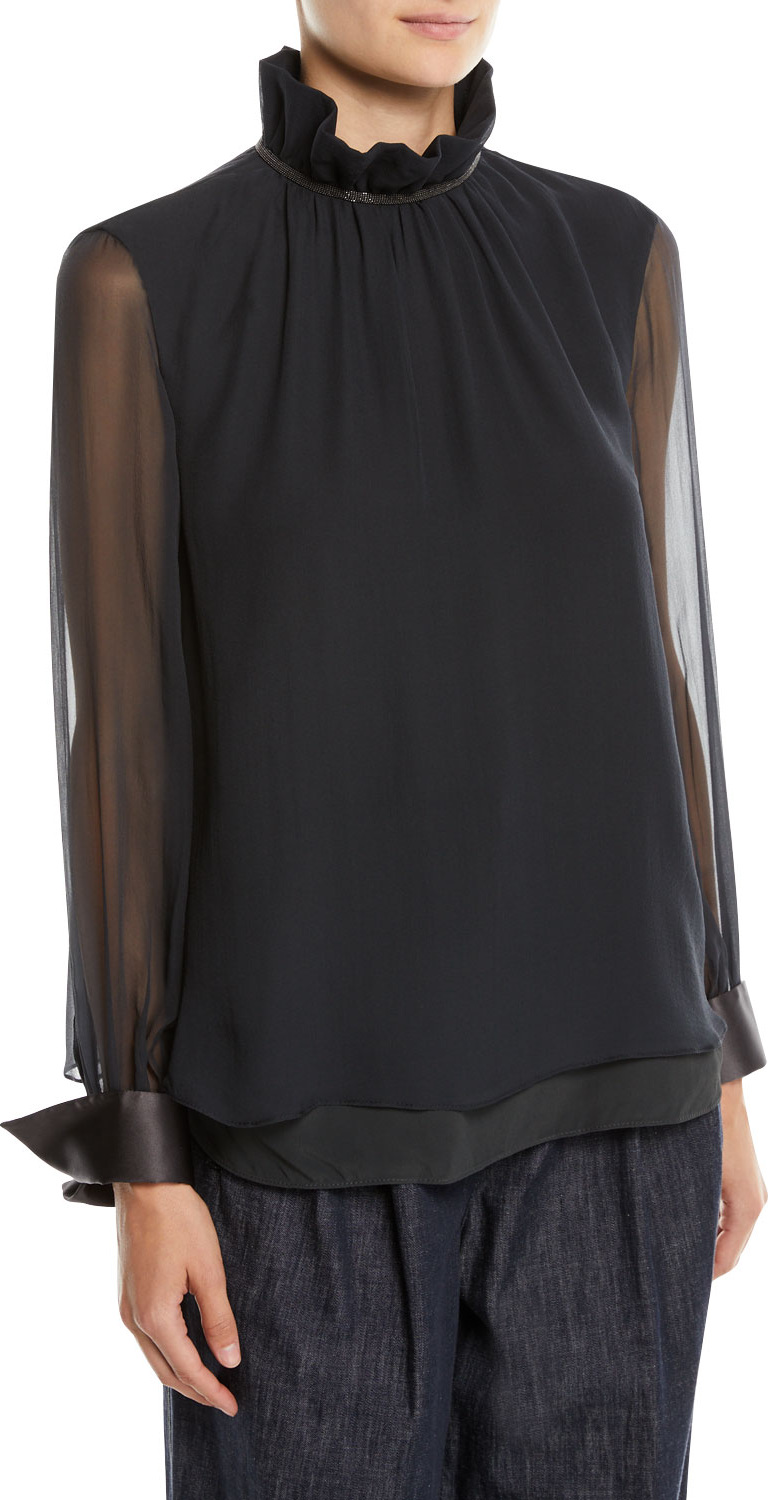 Brunello Cucinelli Long-Sleeve Silk Chiffon Blouse w/ Ruffle Monili Collar