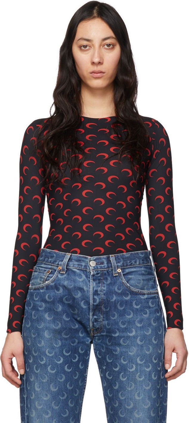 Marine Serre SSENSE Exclusive Black & Red Moon Allover Long Sleeve T-Shirt