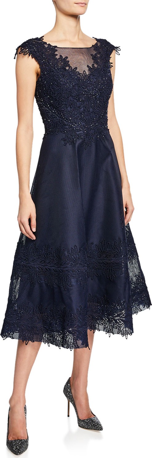 Rickie Freeman for Teri Jon Beaded-Trim Mesh Lace Cocktail Dress
