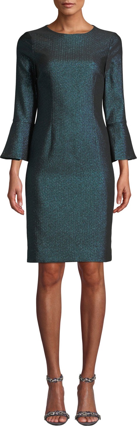 Rickie Freeman for Teri Jon Metallic Jacquard Bell-Sleeve Dress