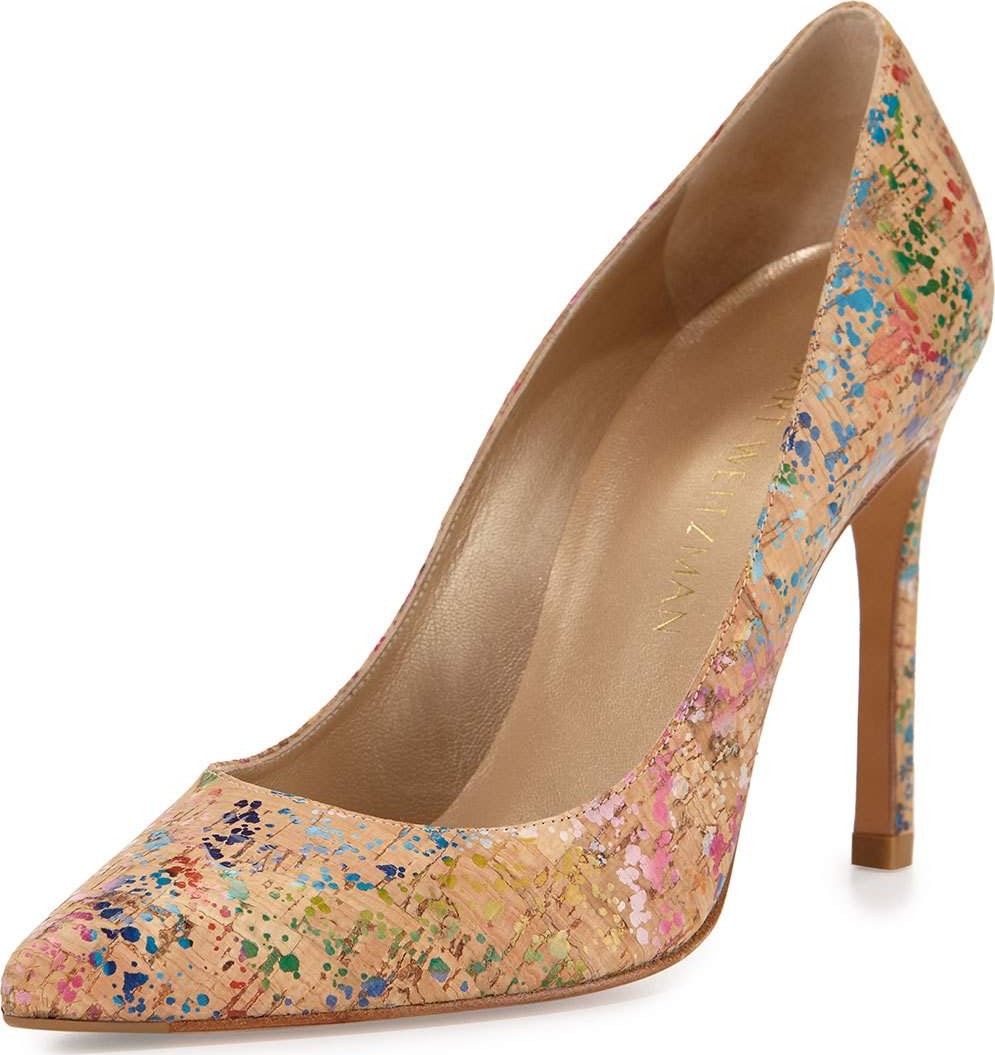 Stuart Weitzman Nouveau Cork Pointed-Toe Pump, Confetti