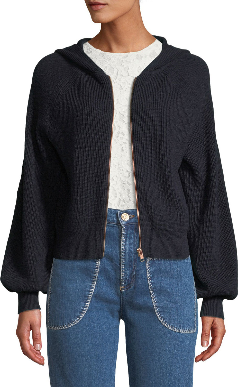 See By Chloé Hooded Zip-Up Crochet Cardigan