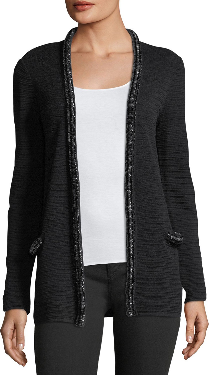 Emporio Armani Hook-Front Striped-Knit Cardigan With Embellished Trim