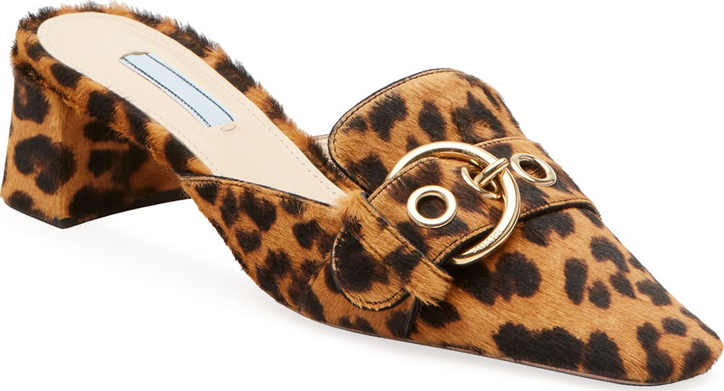 Prada Cheetah-Print Calf Hair Slide Mules