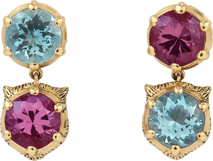 Gucci 18k Gold Le Marche des Merveilles Aqua/Pink Feline Drop Earrings