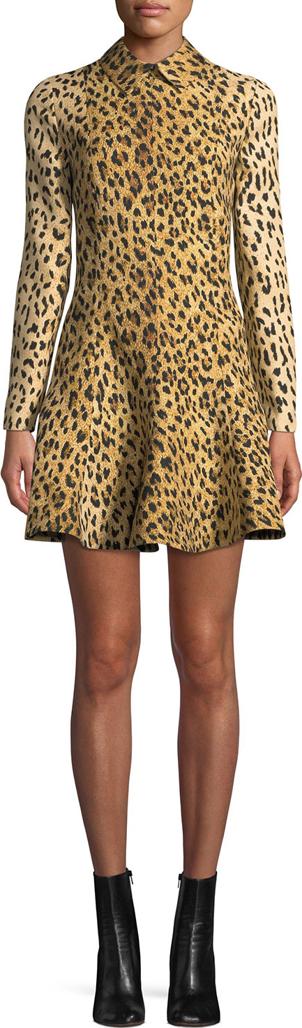 Valentino Long-Sleeve Wild Leopard-Print A-Line Mini Dress
