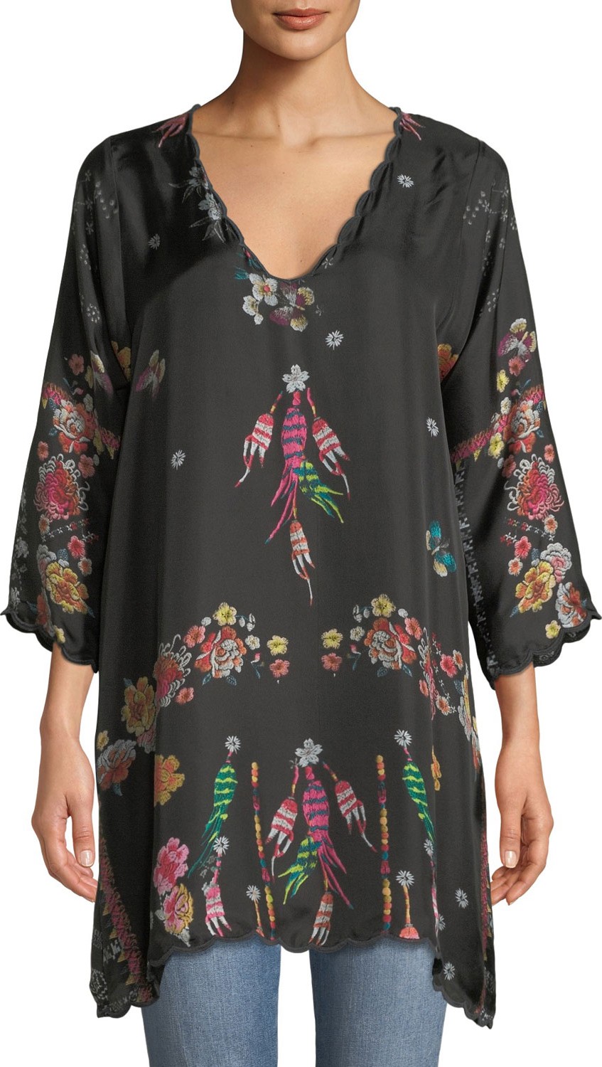 Johnny Was Kota V-Neck Lazer-Print Silk Tunic