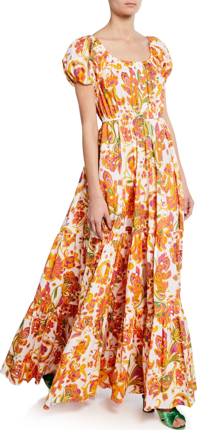 Caroline Constas Bardot Printed Scoop-Neck Short-Sleeve Maxi Dress