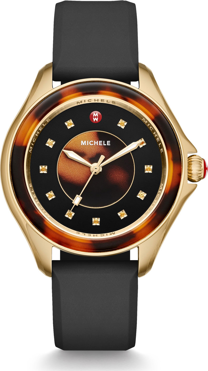 MICHELE Cape Tortoiseshell Topaz Watch with Black Strap