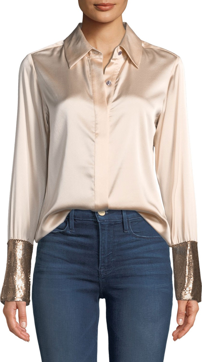 Ramy Brook Talia Silk Button-Down Top with Metallic Cuffs