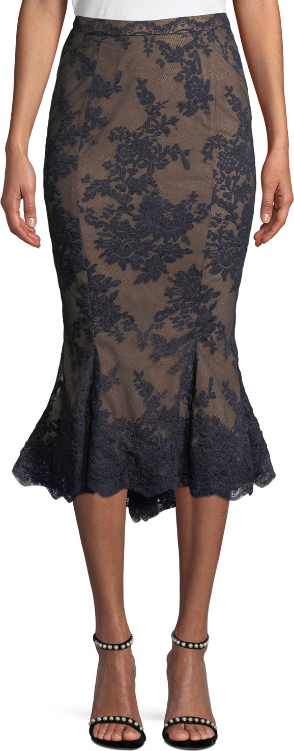 Marchesa Lace Fit-and-Flare Pencil Skirt w/ Scallop Hem