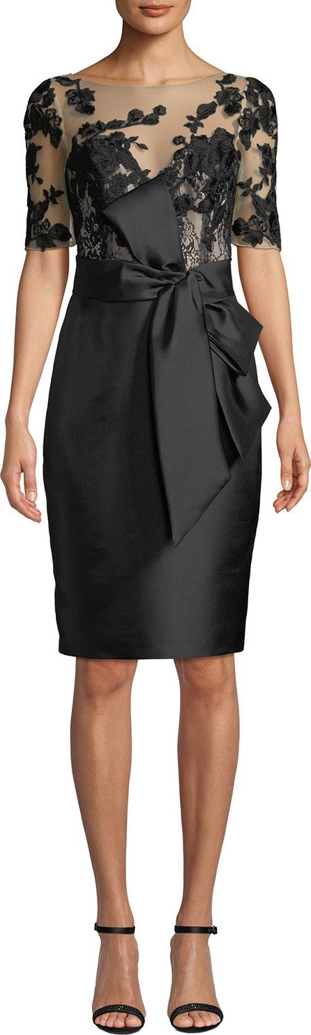 Badgley Mischka Bateau-Neck Elbow-Sleeve Embroidered Tulle Illusion Dress w/ Bow Detail